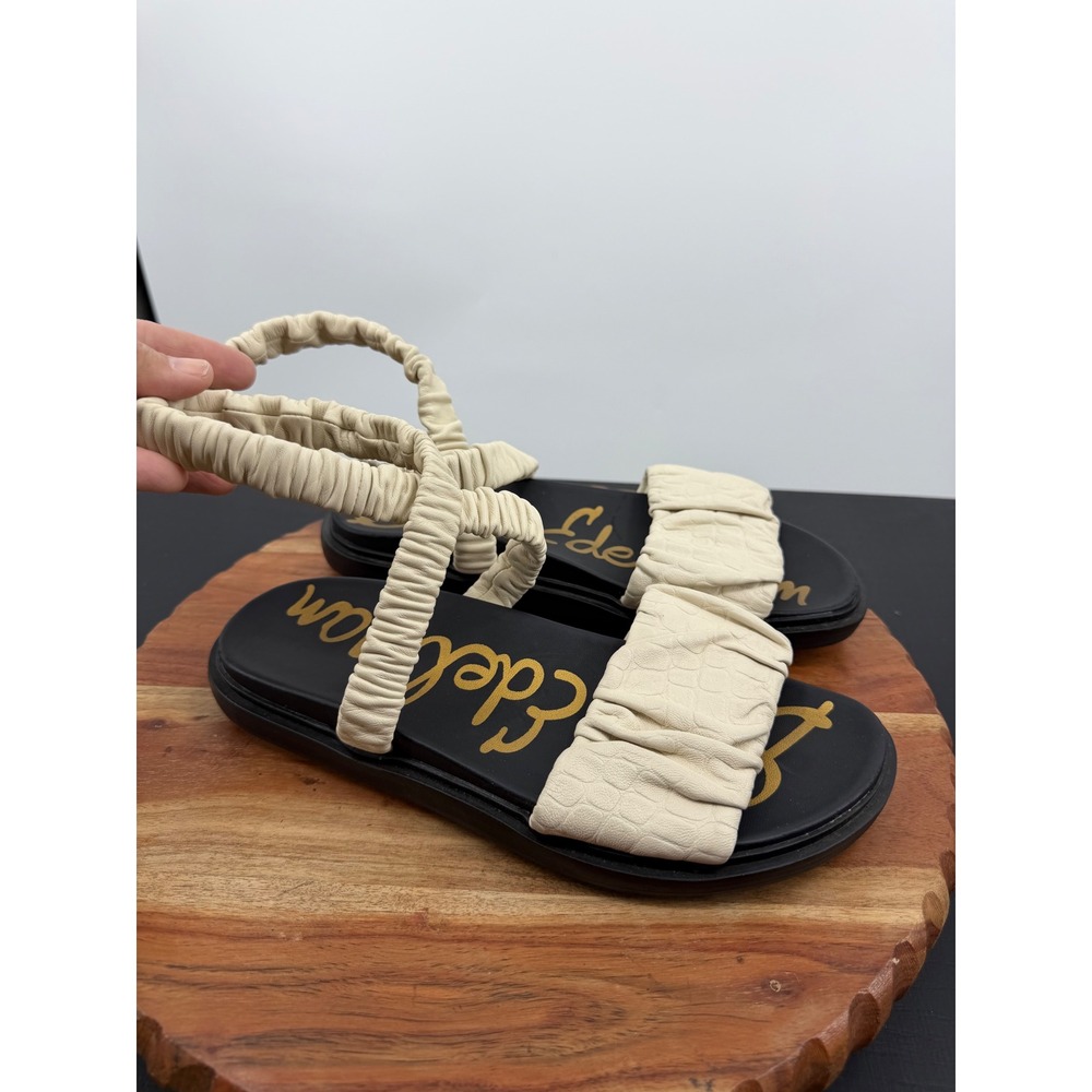 Sam Edelman Velma Sandals Women 7.5 Cream Leather Ruched Slingback Flat Croc